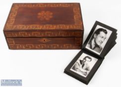 Inlaid Writing box for restoration, with an album of film star postcards with printed signature,