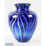 Peter St Clair Studio Glass Vase with feathered style design on blue ground, signed to base around