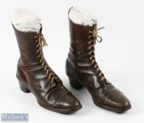 Victorian Ladies Leather Laced Boots with leather soles and hobnails, 11 eyed laced pair 26cm long