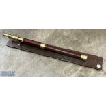 Modern Leather & Brass Three Draw Mounted Telescope with wooden display board and brass clamp,