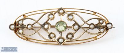 Edwardian 9ct Gold Peridot and Seed Pearl Brooch