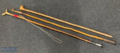 3x Walking Sticks one with antler top, another with carved bird top and the other with brass boating