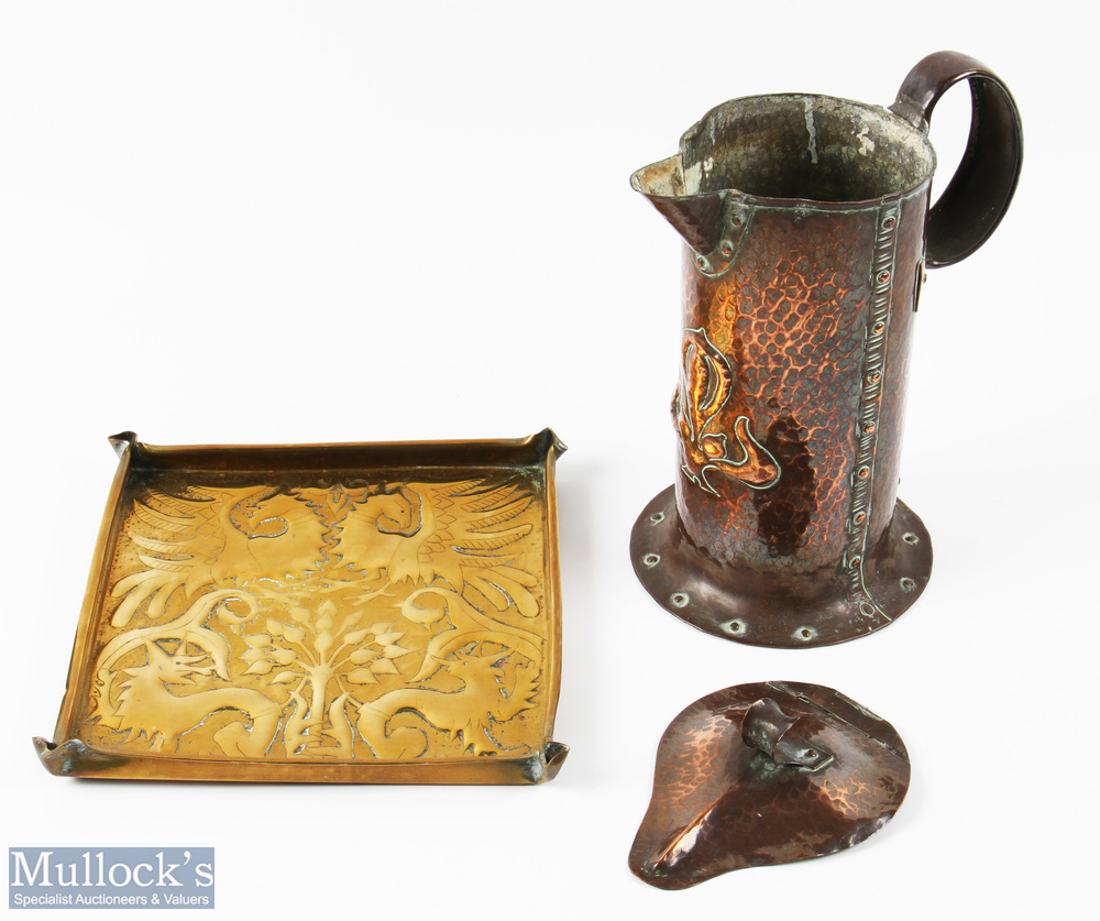 Arts & Crafts Hammered Copper Jug Tray - A William Soutter & Son lidded jug and an unnamed copper