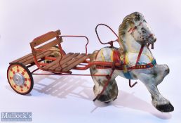 1950s Child's Tin Toy Pedal Horse & Cart Mobo England, in used condition the cart is missing 1 hub