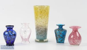 Group of Studio Glass (5) - tumbler vase with graduated yellow to blue spiral design with mica