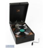 Vintage Portable His Masters Voice Gramophone in black case, with handle, appears to be in working