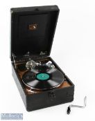 Vintage Portable His Masters Voice Gramophone in black case, with handle, appears to be in working