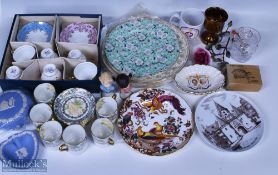 2x Boxed of assorted china and glass, with noted items of Shelly chintz plate, Wedgwood dish,