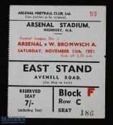 Ticket: 1951/52 Arsenal v West Bromwich Albion Div. 1 match ticket at Highbury 10 November 1951,