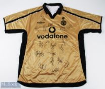 Multi-Autographed 2001/02 Manchester United Centenary away gold football shirt Umbro/Vodafone,
