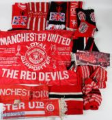 Collection of Manchester United Football Scarfs, Flags Snoods and Hats, to include Manchester the