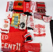 A Collection of Manchester United Football Scarfs, Flags and Hats, to include silk scarves, Jim