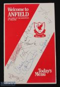 Menu: 1980s match v Wolverhampton Wanderers, 4 page card, Welcome to Anfield with signatures of