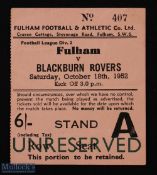 Ticket: 1952/53 Fulham v Blackburn Rovers Div. 2 match ticket 18 October 1952; fair/good (1)