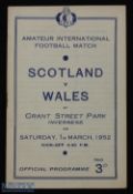 1951/52 Scotland v Wales amateur international match programme at Grant Street Park, Inverness,