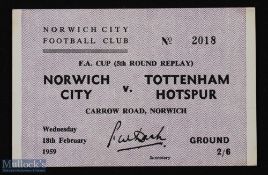 Ticket: 1958/59 Norwich City v Tottenham Hotspur FAC 5th round replay match ticket 18 February