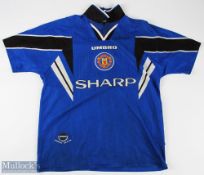 1996/98 Manchester United third away football shirt in blue Umbro/Sharp, short sleeve, size L