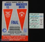 1968 European Cup final Manchester United v Benfica match programme & match ticket; fair