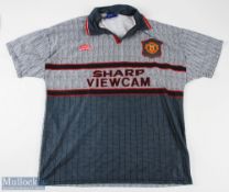 1995/96 Manchester United away football shirt in grey Umbro/Sharp Viewcam, short sleeve size L