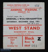 Ticket: 1951/52 Arsenal v Wolverhampton Wanderers Div 1 match ticket at Highbury 22 December 1951,