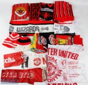 A Collection of Manchester United Football Scarfs, Flags Snoods and Hats, to include silk scarves,