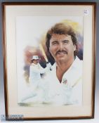 1988 Alan Lamb Cricket Art by Vern VR, print signed by Alan Lamb, framed and mounted under glass -