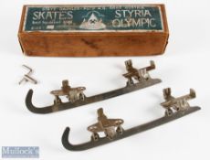 A boxed pair of 'Styria Olympic' skates with it locking key, made in Austria length of blades 35cm