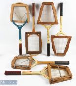 c1950-1970 Wooden Tennis Rackets, a lot of 6 rackets and Presses, to include Slazenger Demon Top