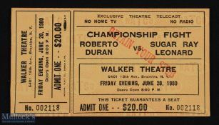 1980 Roberto Duran v Sugar Ray Leonard Boxing Tickets, a ticket for Walker Theatre NY June 20th,