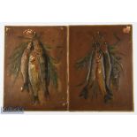 Pair of Antique Fishing Relief Embossed Card Panels Pictures - Hung Fish with herbs - believed to be