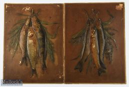 Pair of Antique Fishing Relief Embossed Card Panels Pictures - Hung Fish with herbs - believed to be