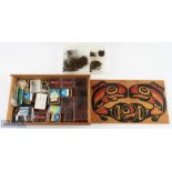 A wooden box with sliding lid, 11" x 7" x 2" - twin fish image with 18x packs of small double and