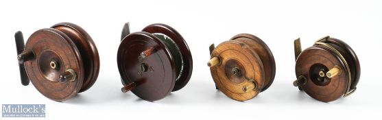 Wooden Brass Strap Back Twisting Foot Reel with twin handles, front dia. 4 1/8", together with