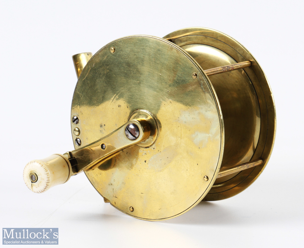 Unusual and interesting brass crank salmon reel in the style of Ustonson, 4" wide 4 pillar spool