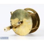 Unusual and interesting brass crank salmon reel in the style of Ustonson, 4" wide 4 pillar spool