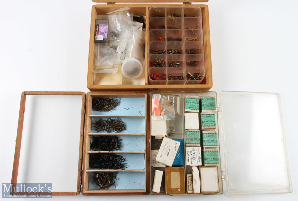 Clear plastic box with over 25 packs of hooks by Allcocks and Mustad, some marked samples; a box 8.
