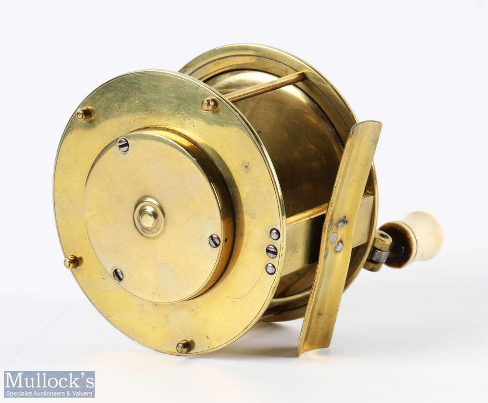 Unusual and interesting brass crank salmon reel in the style of Ustonson, 4" wide 4 pillar spool - Image 2 of 2