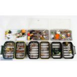 A collection of fly boxes with flies made up of: 3x one sided slim boxes with a large quantity of