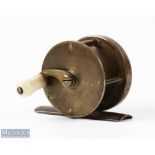 Farlows 2" Brass Pole Winch Brass Reel c1840s bone handle, raised check housing, script makers marks