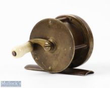 Farlows 2" Brass Pole Winch Brass Reel c1840s bone handle, raised check housing, script makers marks