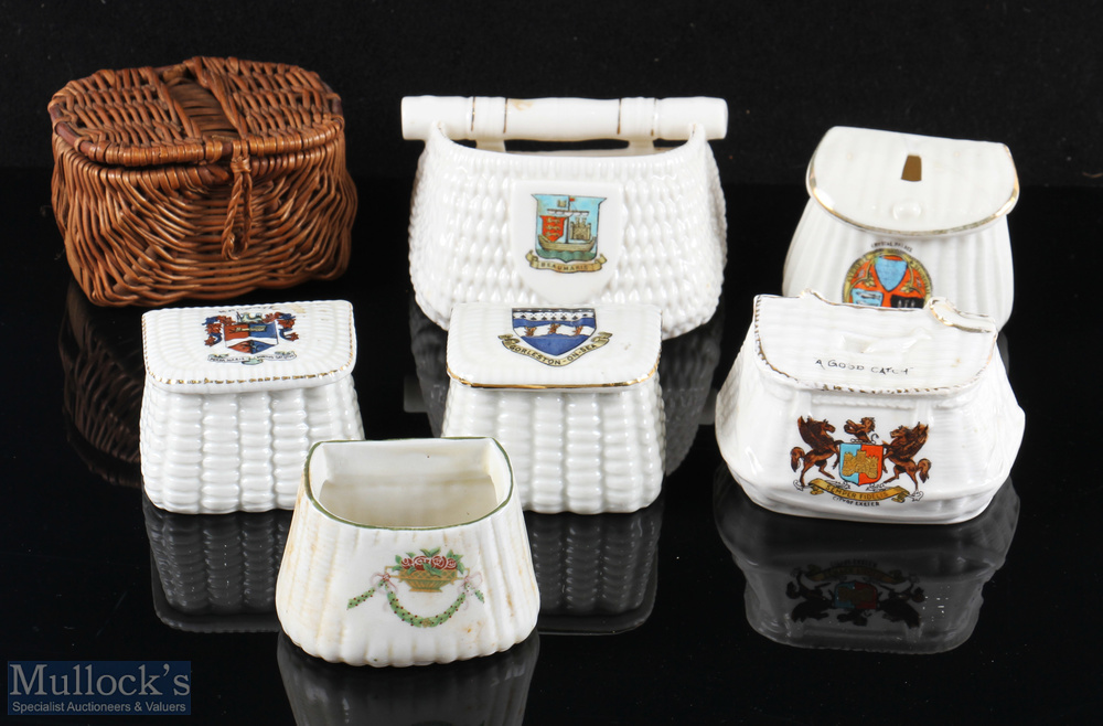 Crested Ware Creels and Baskets (5) W H Goss 'Model of a Jersey fish basket' with Beaumaris