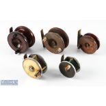 3x unnamed brass/mahogany reels, all complete; 2x brass and ebonite plate wind unnamed reels (5)