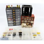 3x shelved boxes with a huge selection of fishing accessories: 4x shelf unit with rod rings, tips