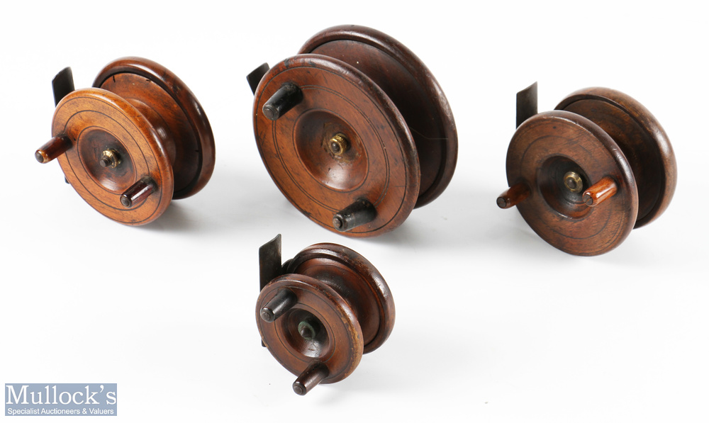 4x Wooden Strapback Reels - in sizes 4", 2x 3" and 2.25", all with twin handles, one having iron