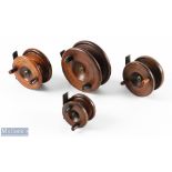 4x Wooden Strapback Reels - in sizes 4", 2x 3" and 2.25", all with twin handles, one having iron