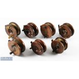 7x Assorted Wooden and Brass Star Back Reels - inc two with Slater style catches, both with brass