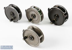 4x J W Young Centrepin Reels - Pridex 3.75" in black with line guide, 3.5" Pridex in grey, 3.5"