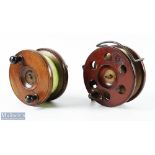 Wooden and Brass 5.5" Frogback Nottingham Reel with twin black handles, sliding catch release, brass