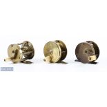 3x Small Victorian Brass Trout Reels - 2.25" Jones, 111 Jermyn Street, London and two multiplying