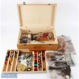 Large Modern Wooden Case and Fly Tying Accessories, case 18" x 12" x 6" with lift out tray